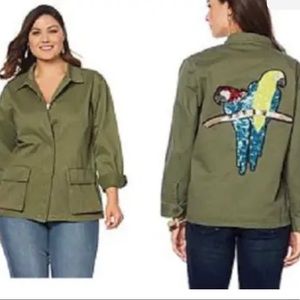 NWT GORGEOUS MILITARY GREEN /UTILITY STYLE “SEQUINED PARROTS” JACKET